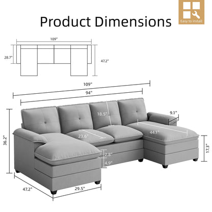 Sectional Sofa Couches Set Oversized U Shaped Sleeper Bed Couch with Double Chaise 4-Seat Cloud Couch for Living Room Home Apartment Light Gray