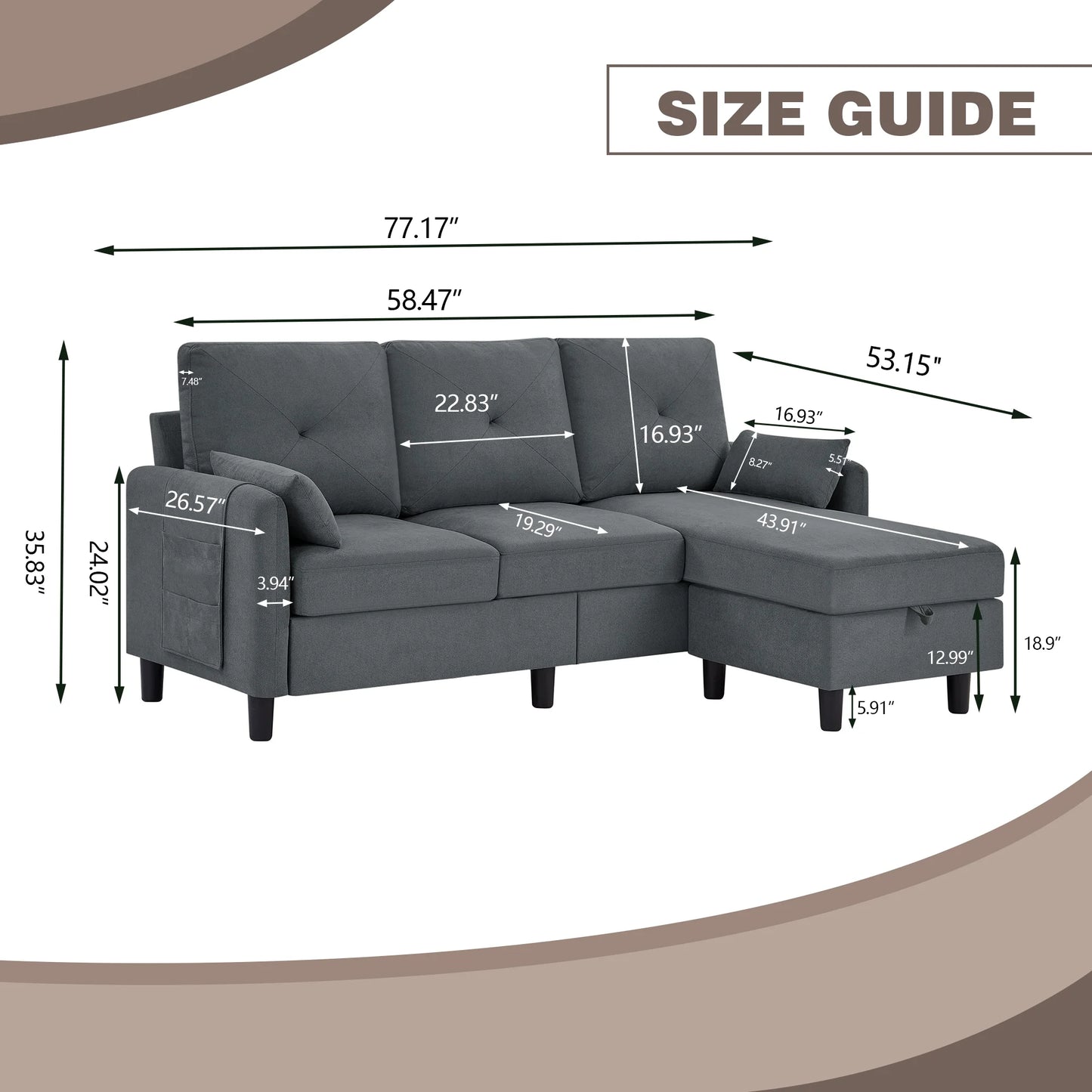 Convertible Sectional Sofa L Shaped Sofa Modern Fabric 3 Seat Couch with Reversible Storage Ottoman and Side Storage Pocket for Living Room Office Apartment Studio