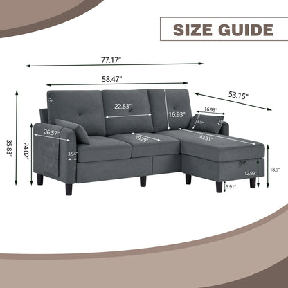 Convertible Sectional Sofa L Shaped Sofa Modern Fabric 3 Seat Couch with Reversible Storage Ottoman and Side Storage Pocket for Living Room Office Apartment Studio