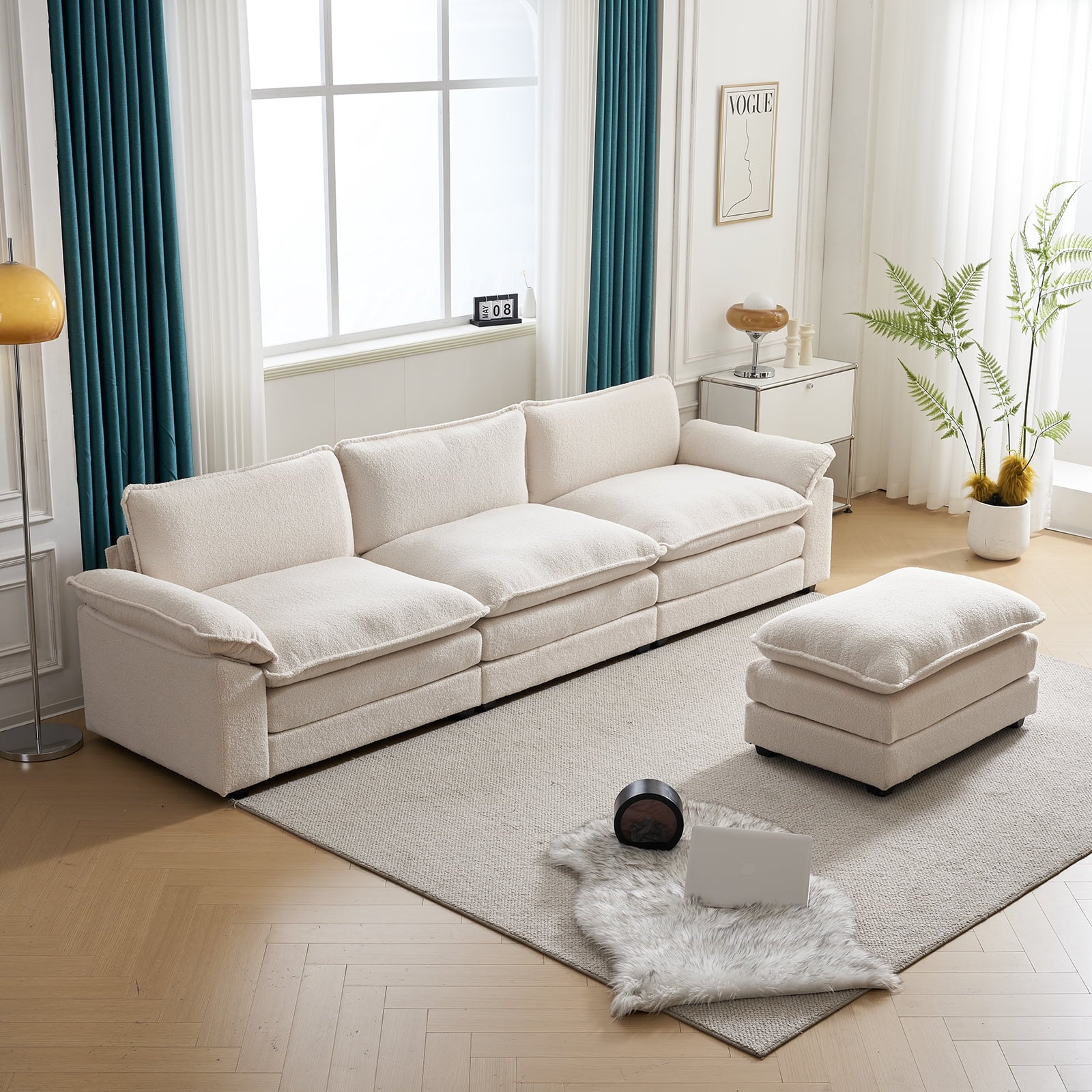 120" W Sectional Sofa Modern Convertible Couch with Double Cushions L Shaped Sofa with Reversible Chaise, Teddy Velvet Sofa Set with 3 Wider Seater Teddy White