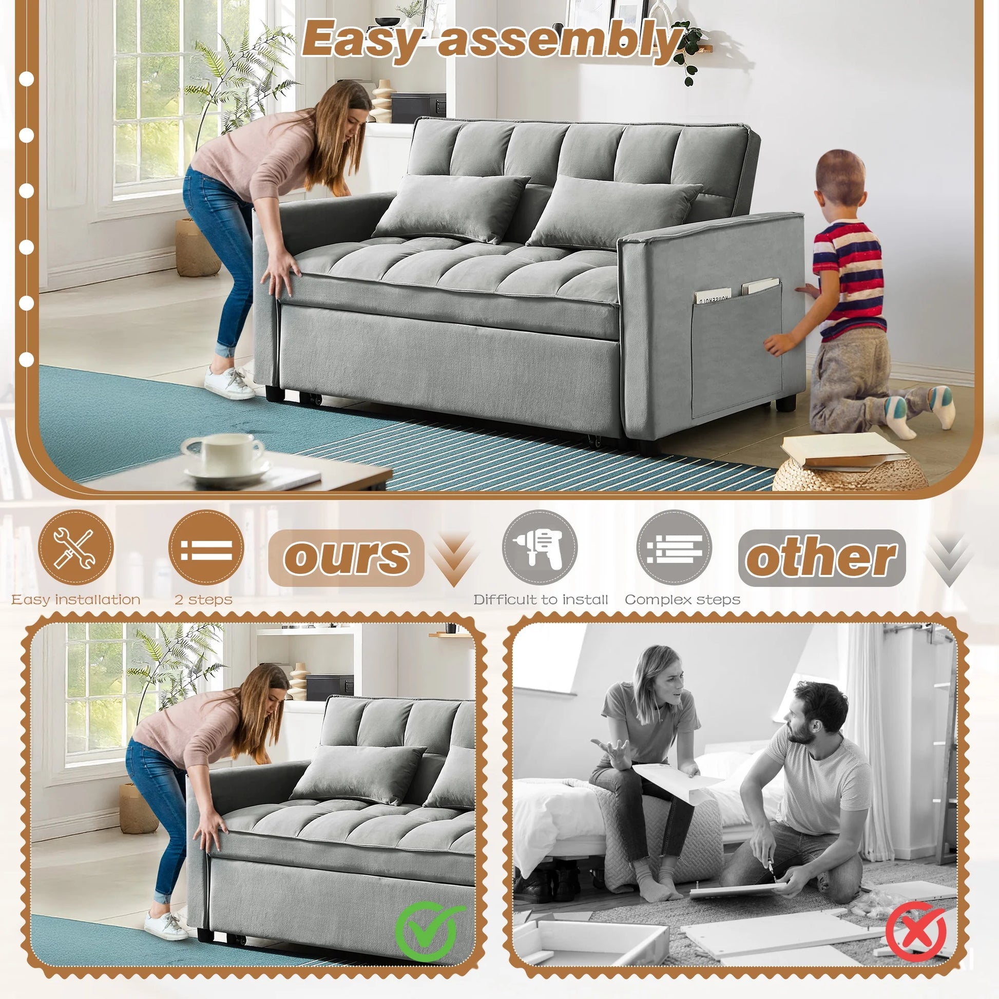 4-In-1 Convertible Futon Sofa Bed, Pull Out Couch Beds Loveseat Sleeper, Gray Velvet