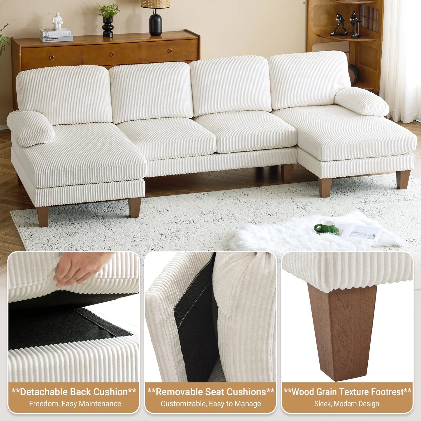 U-Shaped Sectional Sofa, 111" Corduroy Couch, 4 Seat Lounge Sleeper with Double Chaise for Living Room off White