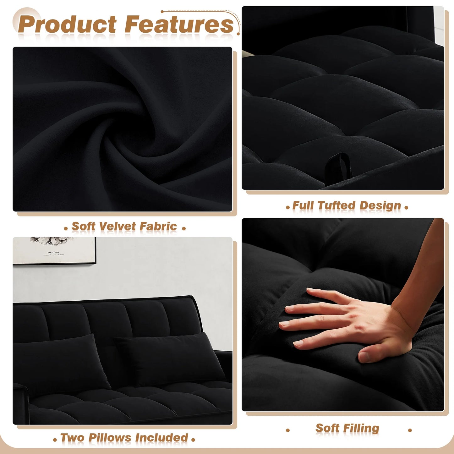 4-In-1 Convertible Futon Sofa Bed, Pull Out Couch Beds Loveseat Sleeper, Black Velvet