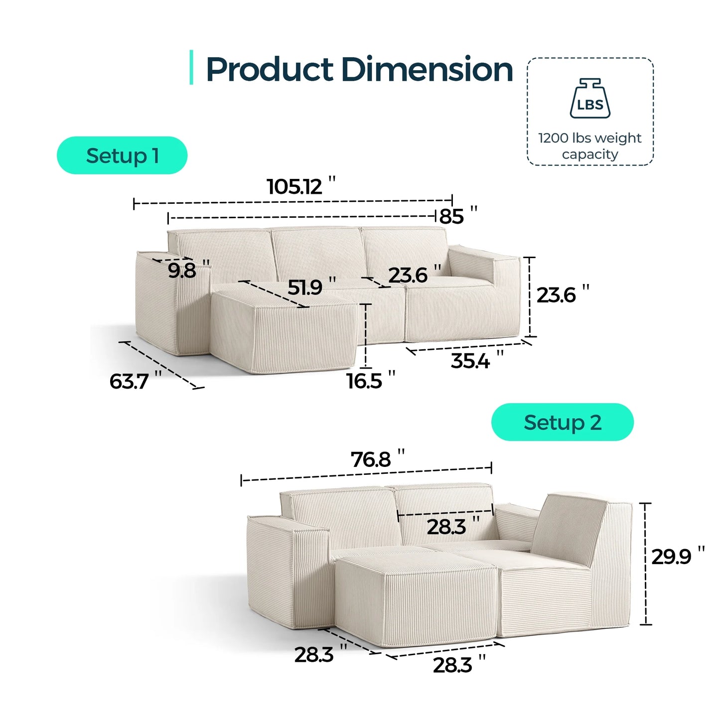 Oversized Modular Sectional Sofa, L-Shaped Cloud Sofa Couch with Corduroy Fabric, 3 Seat Sponge Sofa for Living Room, No Assembly Required, Beige