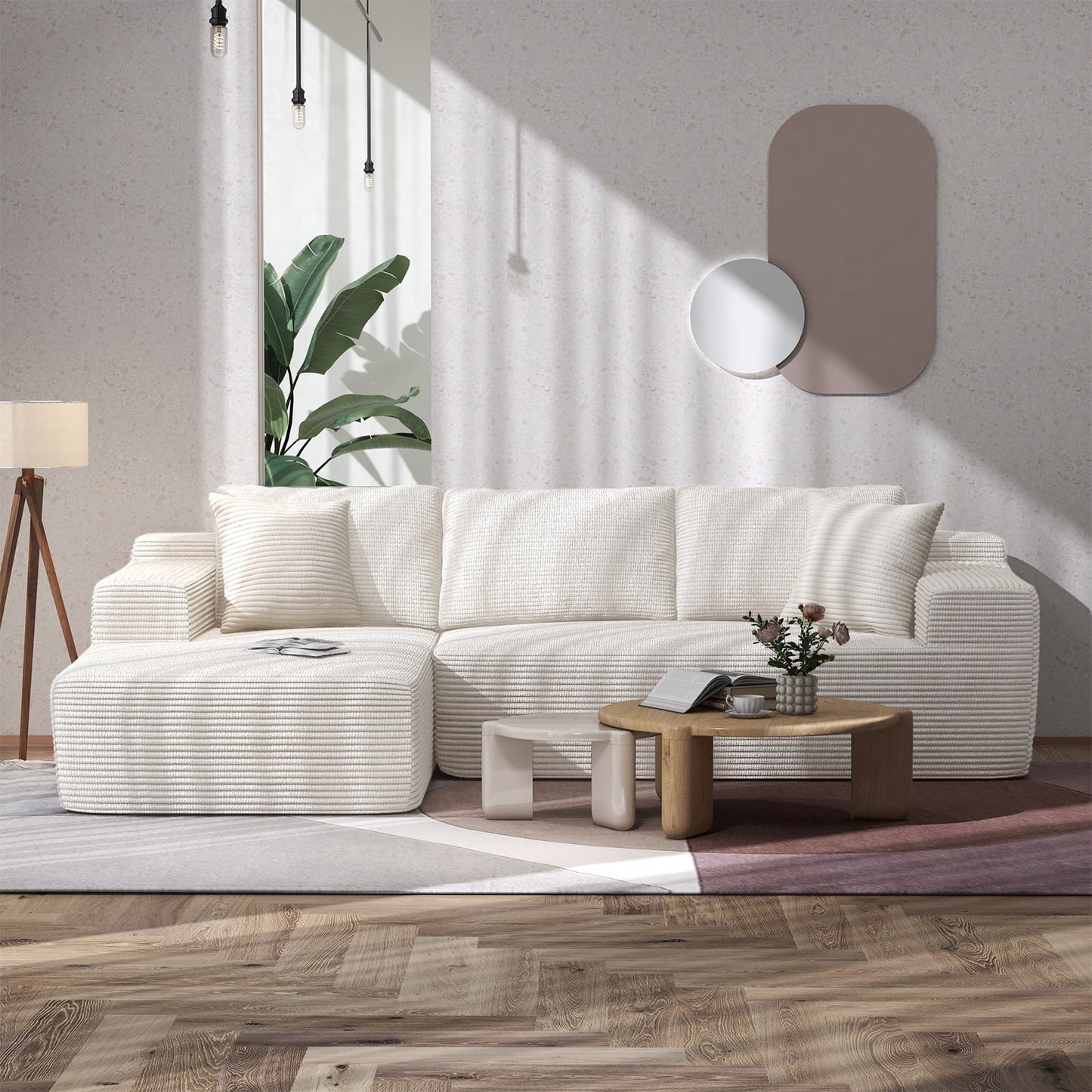 Indoor Modular Sectional Sofa, 106" Corduroy Cloud Couch L Shaped Sofas with Deep Seat, Comfy Fluffy Plush Couches, No Assembly Required, Left Chaise, White