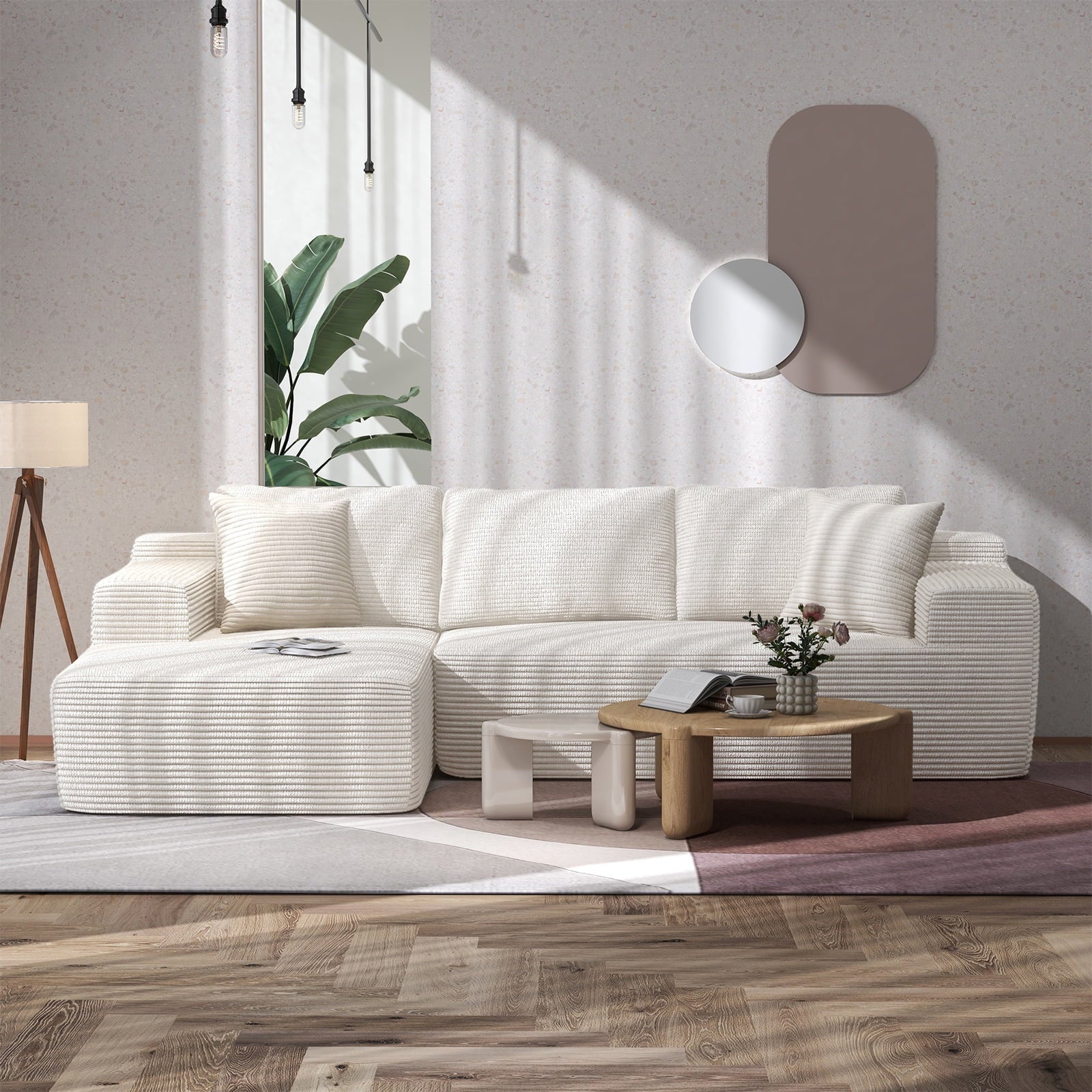 Indoor Modular Sectional Sofa, 106" Corduroy Cloud Couch L Shaped Sofas with Deep Seat, Comfy Fluffy Plush Couches, No Assembly Required, Left Chaise, White