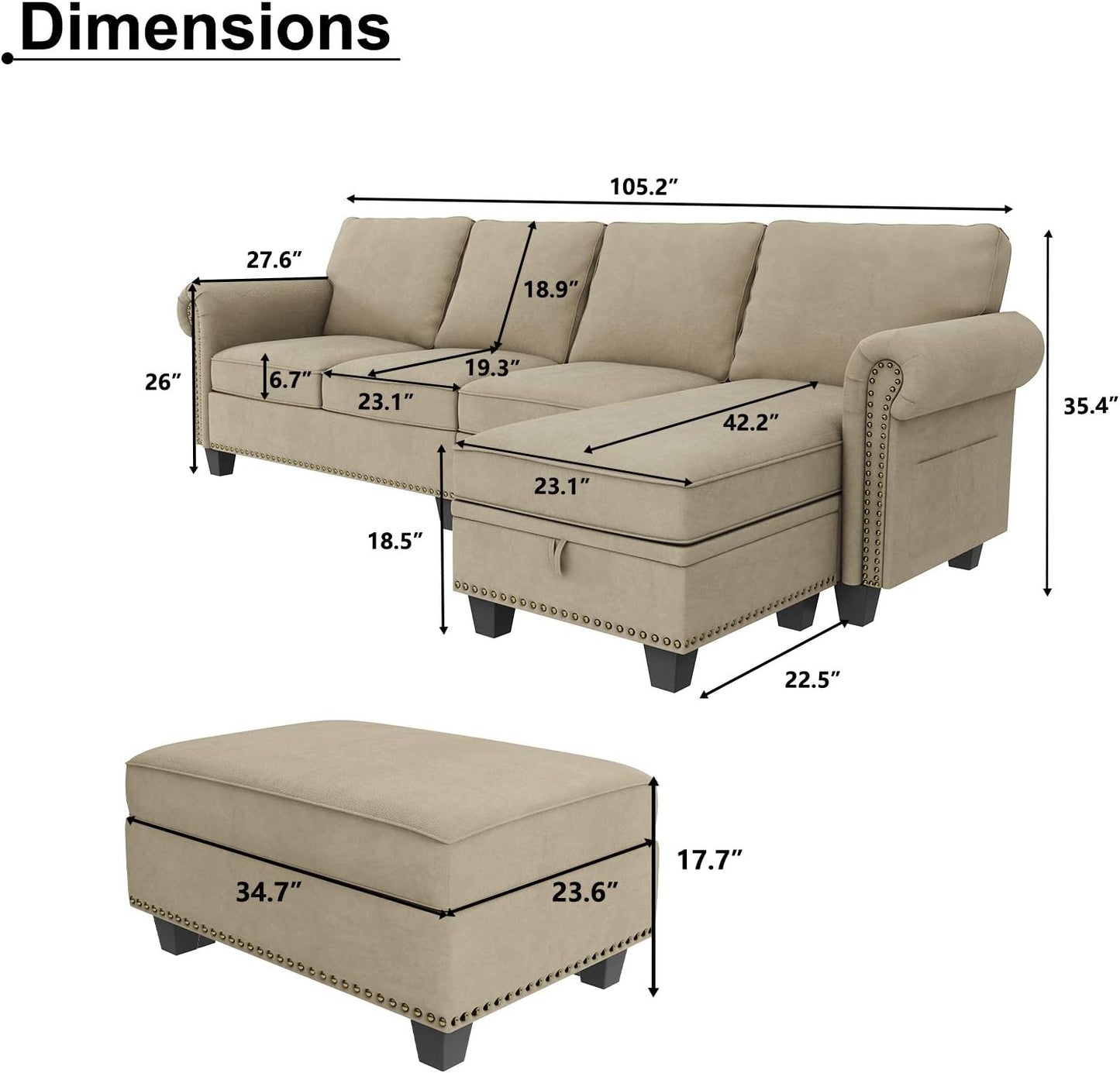 Convertible Sectional Sofa, L Shaped Couch with Storage Ottoman, Reversible Sectional Sofa Couch for Living Room, Dark Khaki