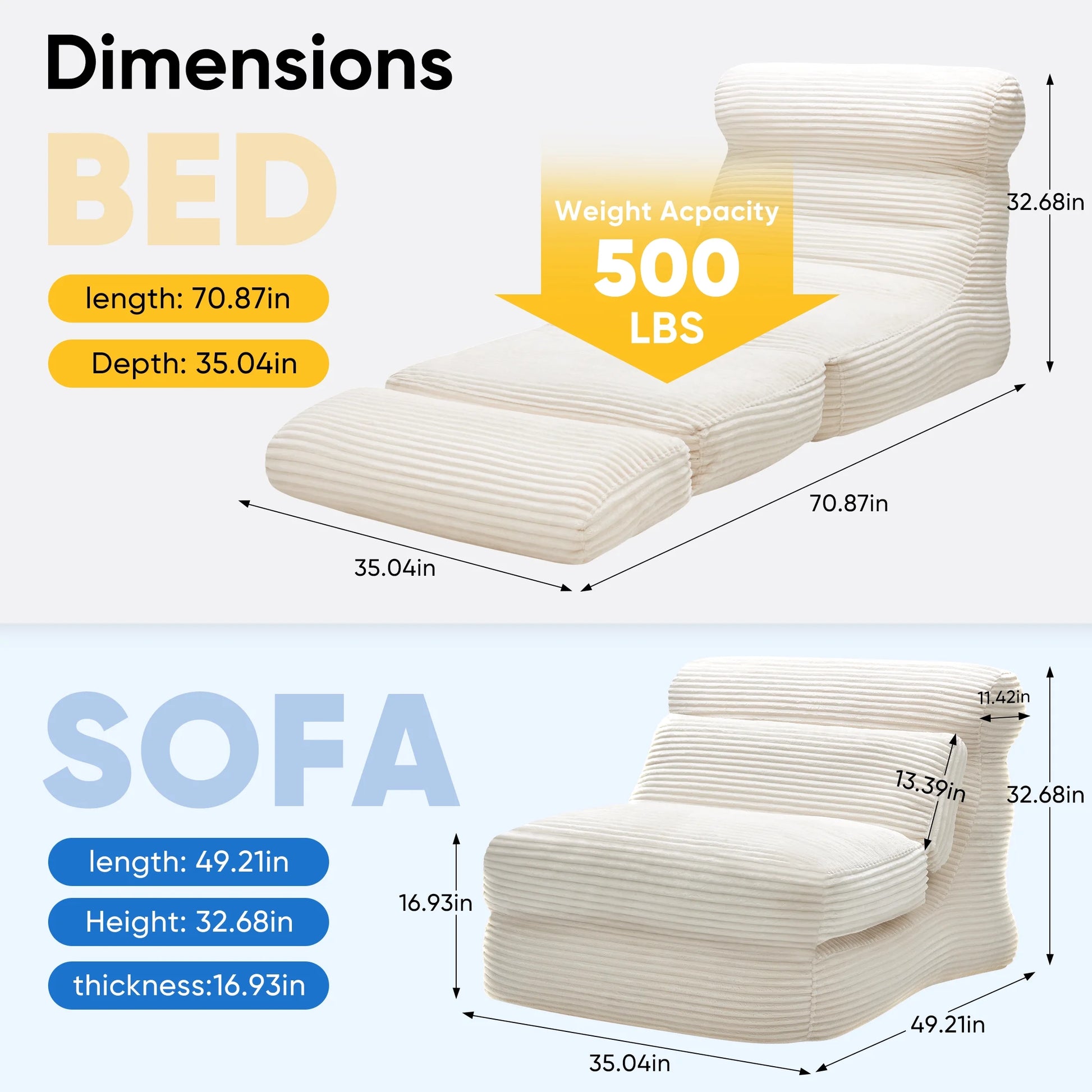 Folding Sofa Bed, 3 in 1 Convertible Sofa with Back Support, Portable Folding Chair Bed, Living Room Bedroom Comfortable Floor Sofa Lounge, Single Bed, White
