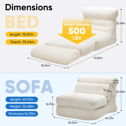 Folding Sofa Bed, 3 in 1 Convertible Sofa with Back Support, Portable Folding Chair Bed, Living Room Bedroom Comfortable Floor Sofa Lounge, Single Bed, White