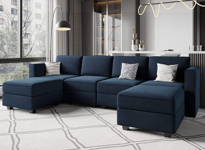 Modular Sectional Sofa U Shaped Velvet Couch with Reversible Chaise Oversized Couch with Ottoman Blue…