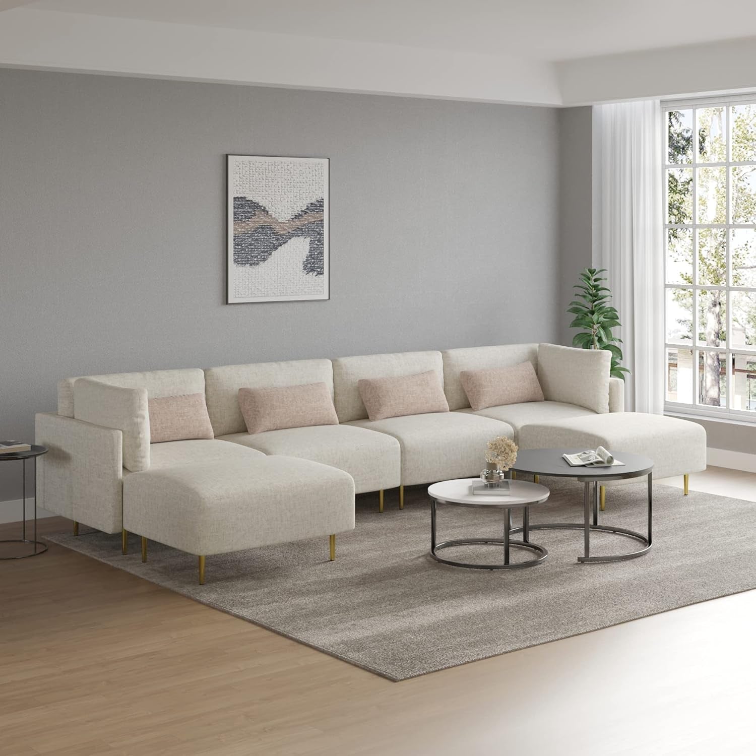 Sectional Sofa Couch, Modular U Shape Sofa Couch, Modern Minimalist Sofa Couch with 2 Ottoman 4 Throw Pillows for Living Room, Apartment, Beige