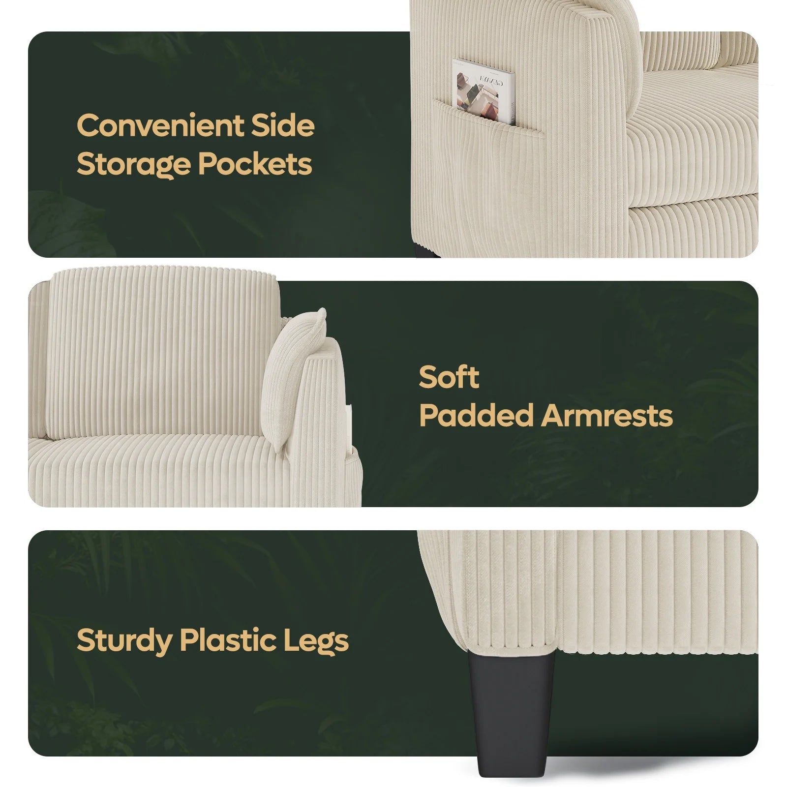 Corduroy Sectional Sofa Couches for Living Room, L-Shaped Modular Small Couch Convertible 3 Seater Sofa with Ottaman Storage,Beige