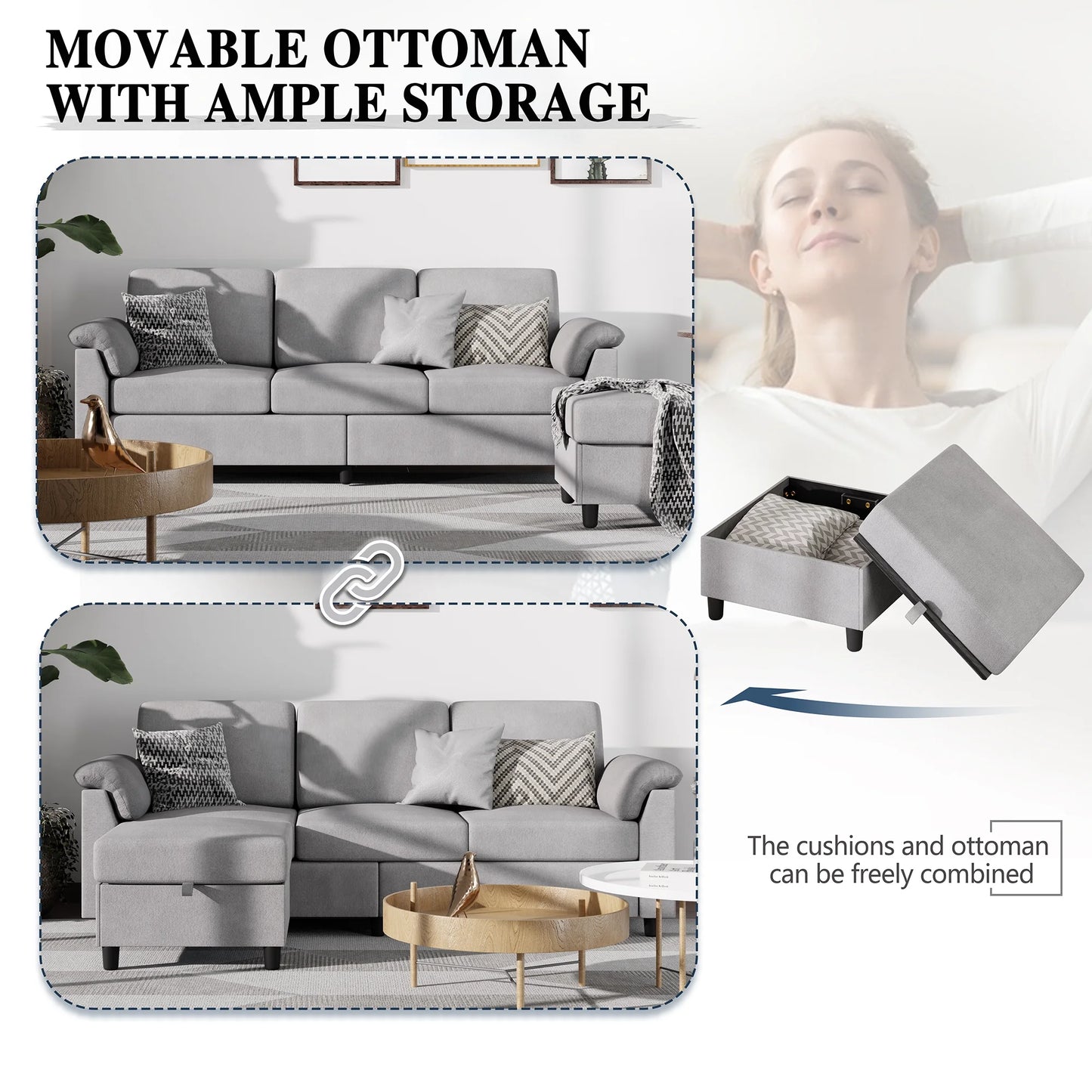 79.1" Sectional Sofa with Movable Storage Ottoman, L-Shaped Convertible Sofa Couch for Small Living Room, Ottoman, L-Shaped Convertible Sofa Couch for Small Living Room, Light Grey