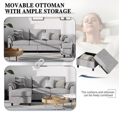79.1" Sectional Sofa with Movable Storage Ottoman, L-Shaped Convertible Sofa Couch for Small Living Room, Ottoman, L-Shaped Convertible Sofa Couch for Small Living Room, Light Grey