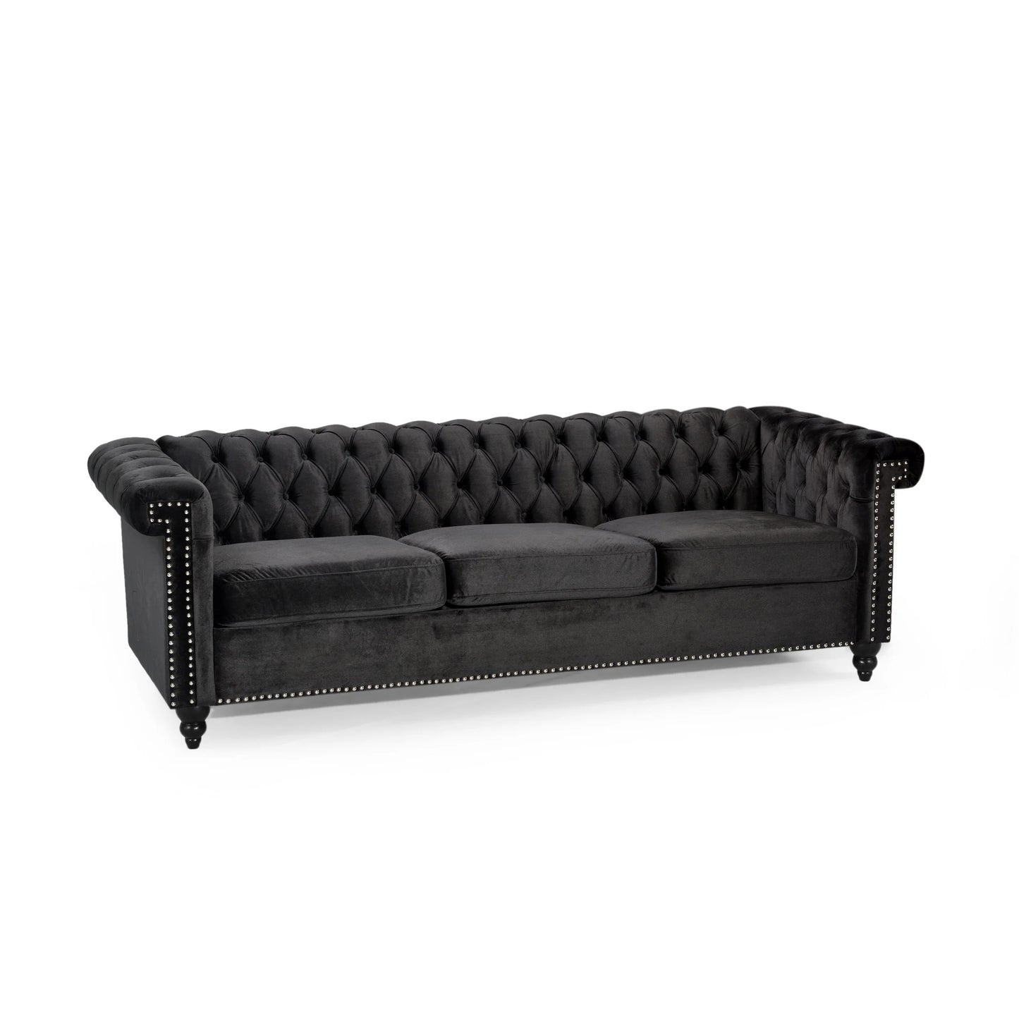 Zyiere Tufted Chesterfield 3 Seater Sofa, Black Velvet and Dark Brown