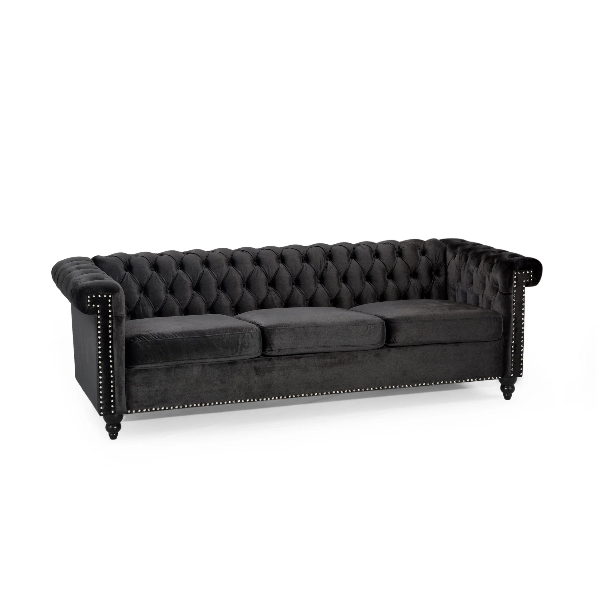 Zyiere Tufted Chesterfield 3 Seater Sofa, Black Velvet and Dark Brown