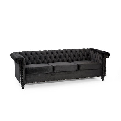 Zyiere Tufted Chesterfield 3 Seater Sofa, Black Velvet and Dark Brown