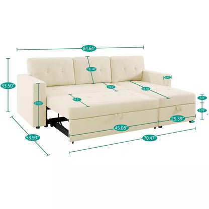 84.64 In. W Stylish Reversible Velvet Sleeper Sectional Sofa Storage Chaise Pull-Out Convertible Sofa in Cream