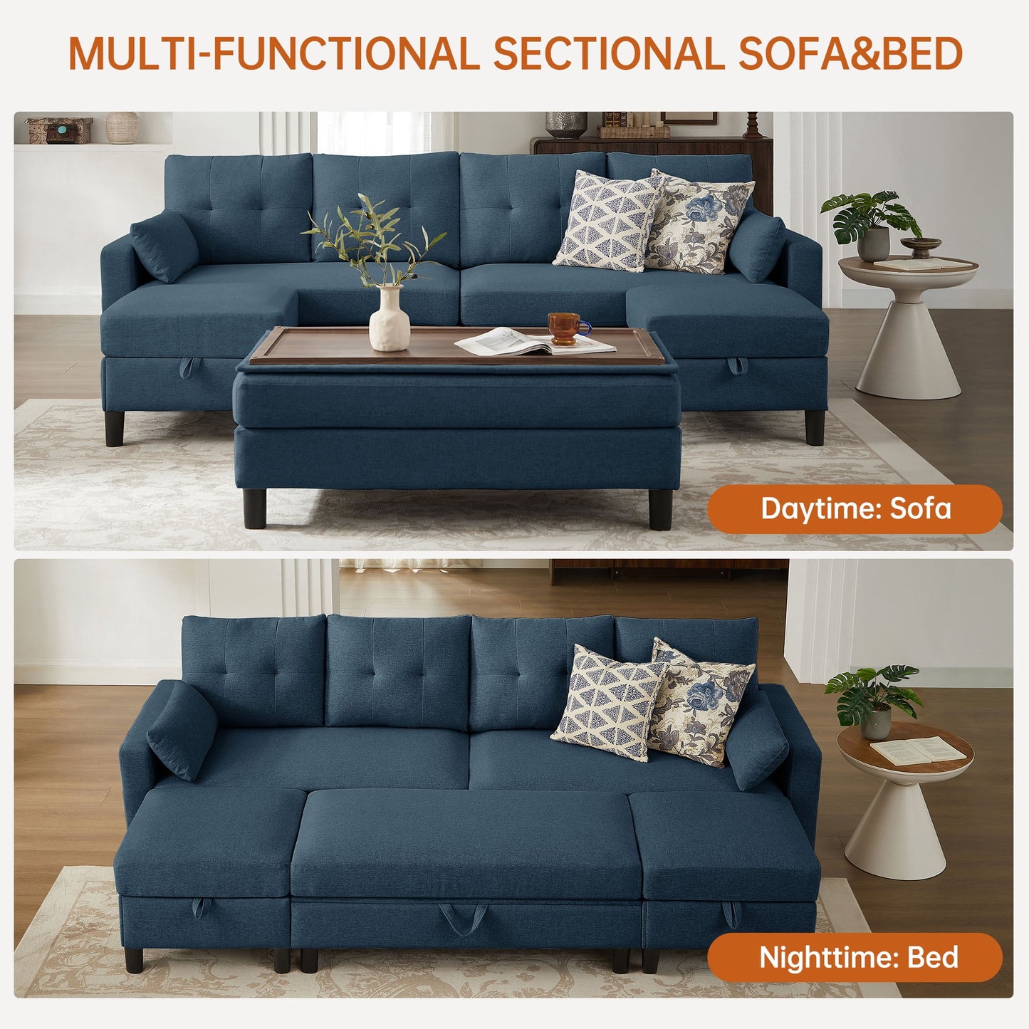 101" Sectional Sofa with 3 Storage Ottoman,4 Seat U Shaped Couch with Side Pockets, Modern Linen Sofa Bed with Coffee Table Ottoman for Living Room Apartment Office Studio,Tool Free Assemble