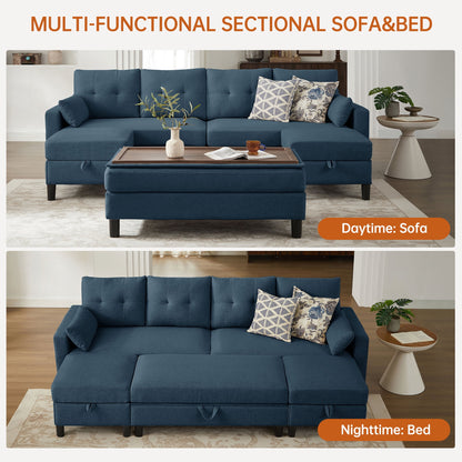 101" Sectional Sofa with 3 Storage Ottoman,4 Seat U Shaped Couch with Side Pockets, Modern Linen Sofa Bed with Coffee Table Ottoman for Living Room Apartment Office Studio,Tool Free Assemble