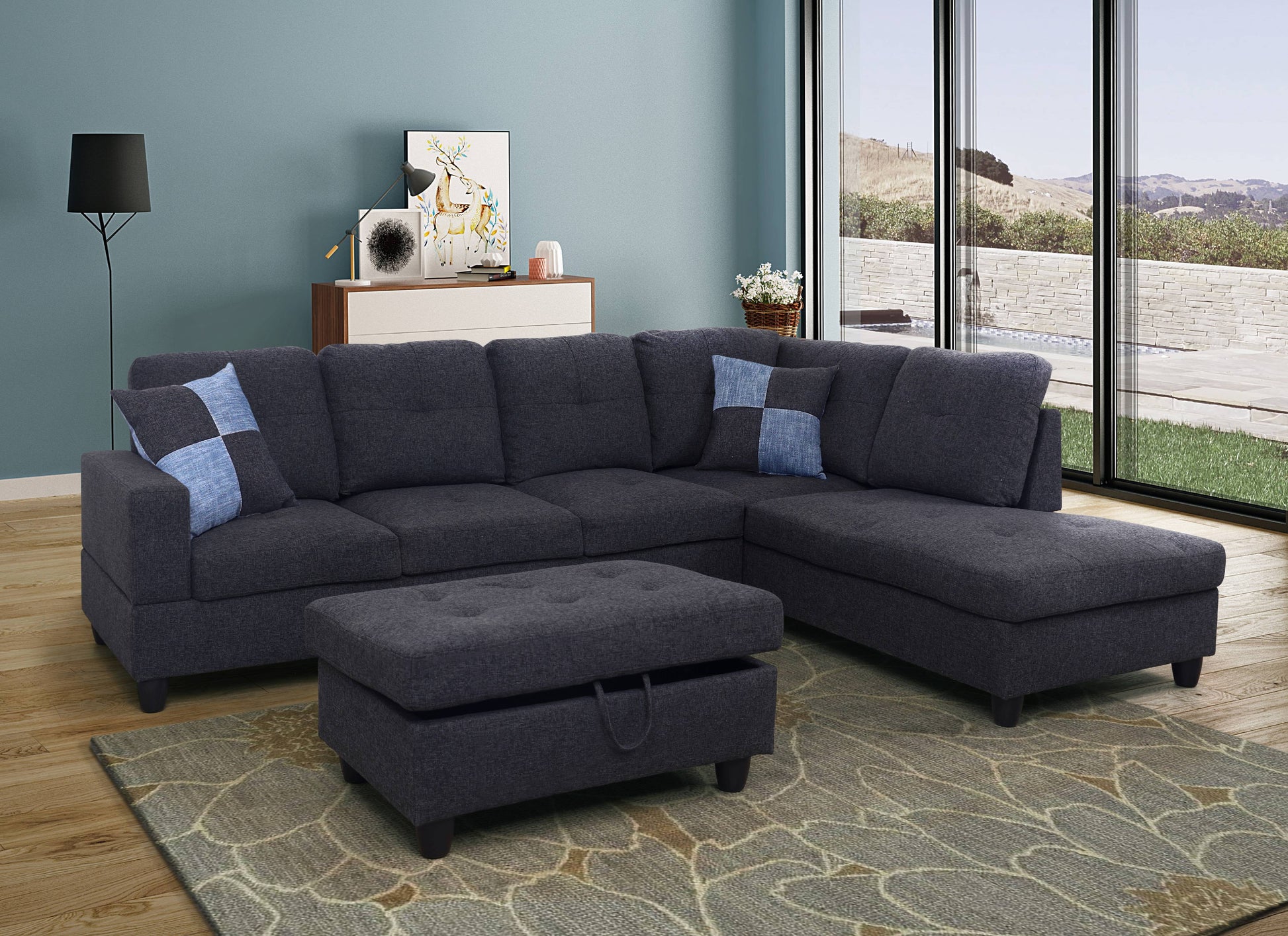3 - Piece L - Shape Sectional Sofa Set, Right Hand Facing Chaise, LINEN Upholstery Material, Dark Grey / Gray Color, More Colors & Styles Available