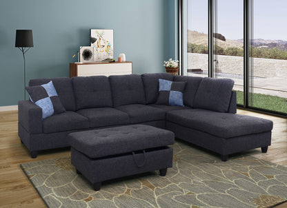 3 - Piece L - Shape Sectional Sofa Set, Right Hand Facing Chaise, LINEN Upholstery Material, Dark Grey / Gray Color, More Colors & Styles Available