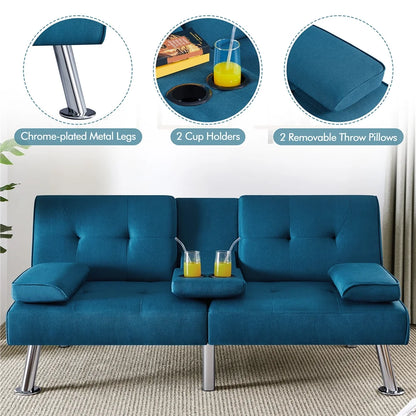 Fabric Upholstered Convertible Futon Sofa Bed with Cup Holders and Pillows for Livingroom, Aqua Blue