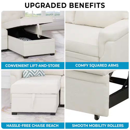 84.64 In. W Stylish Reversible Velvet Sleeper Sectional Sofa Storage Chaise Pull-Out Convertible Sofa in Cream