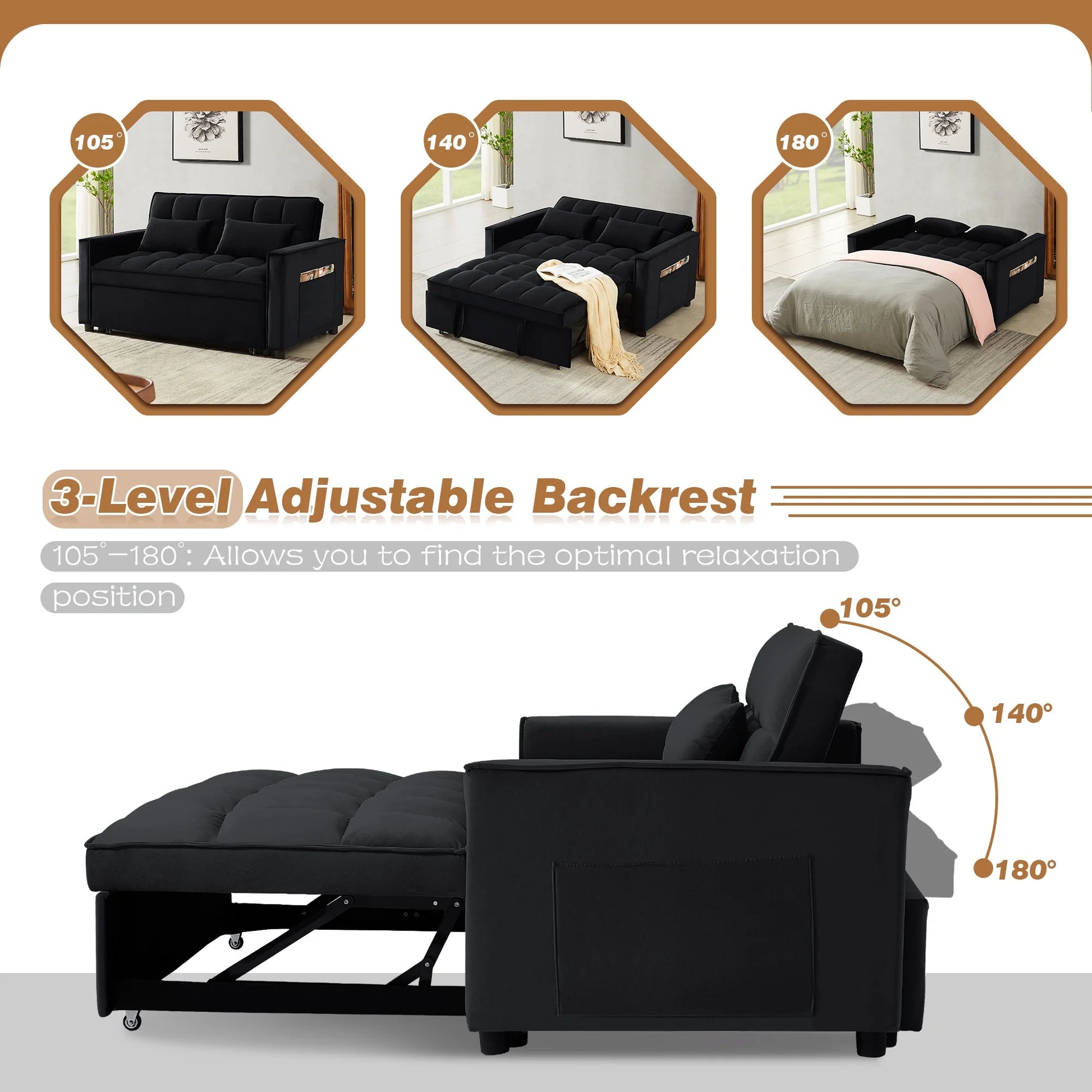 4-In-1 Convertible Futon Sofa Bed, Pull Out Couch Beds Loveseat Sleeper, Black Velvet