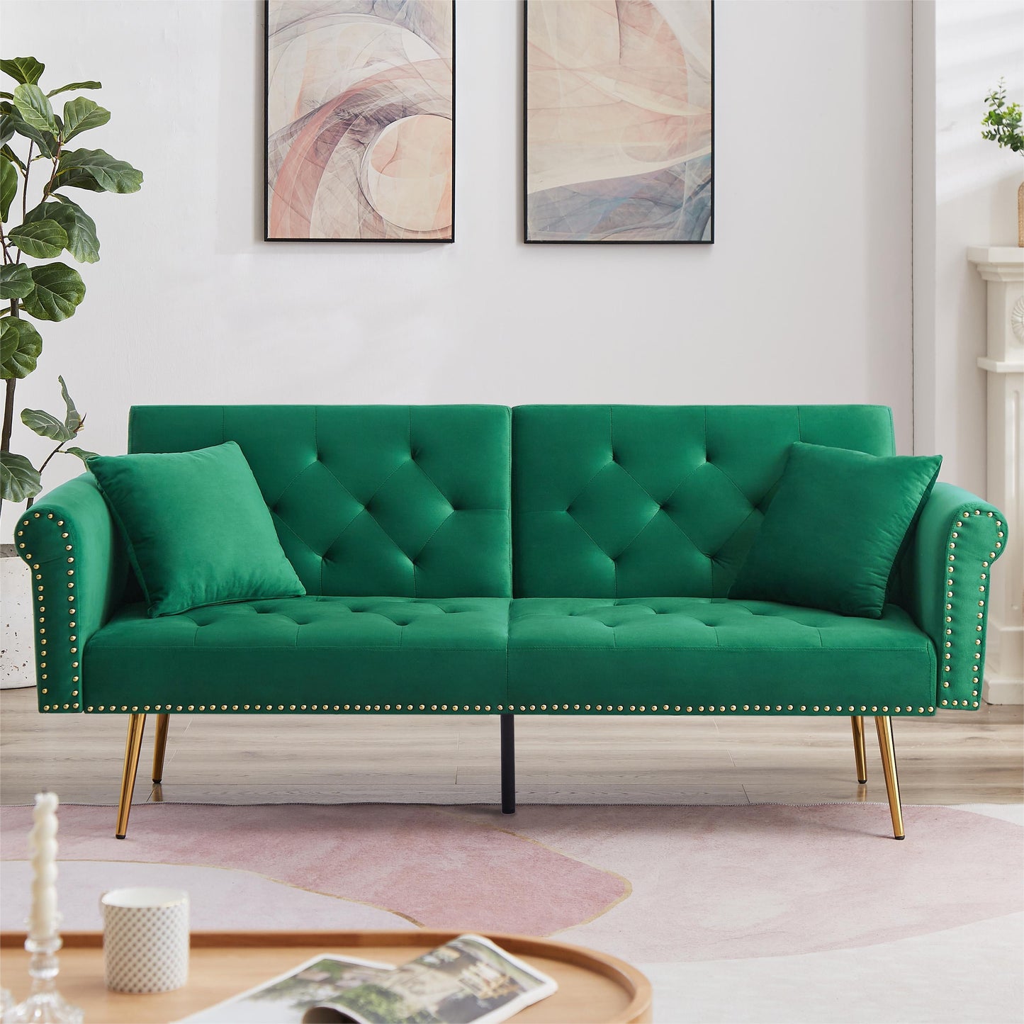 71 Inches Convertible Futon Sofa Bed,Modern Reclining Futon Loveseat Couch Sleeper Sofa with 2 Pillows Sleeper Sofa for Living Room,Green
