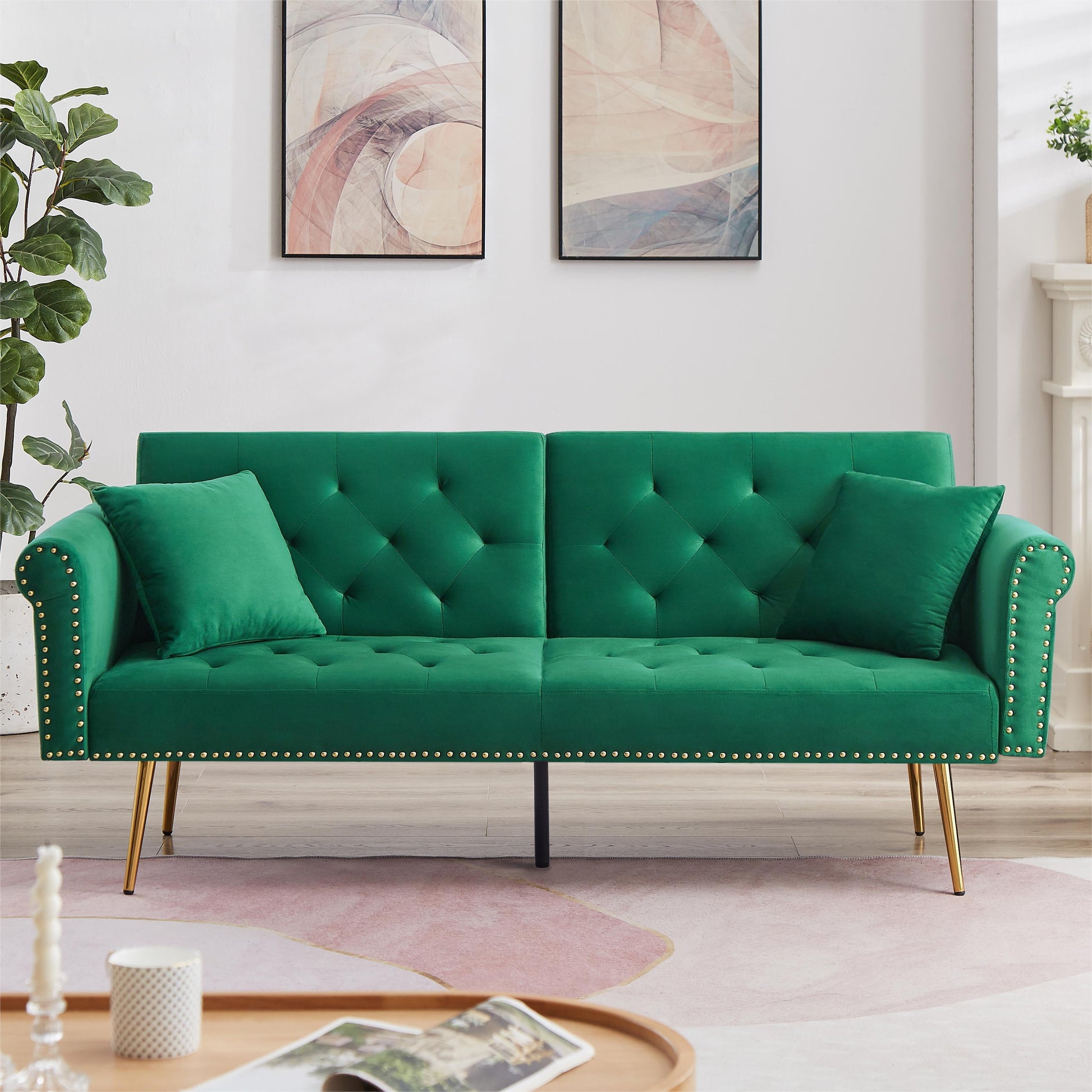 71 Inches Convertible Futon Sofa Bed,Modern Reclining Futon Loveseat Couch Sleeper Sofa with 2 Pillows Sleeper Sofa for Living Room,Green