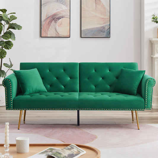 71 Inches Convertible Futon Sofa Bed,Modern Reclining Futon Loveseat Couch Sleeper Sofa with 2 Pillows Sleeper Sofa for Living Room,Green