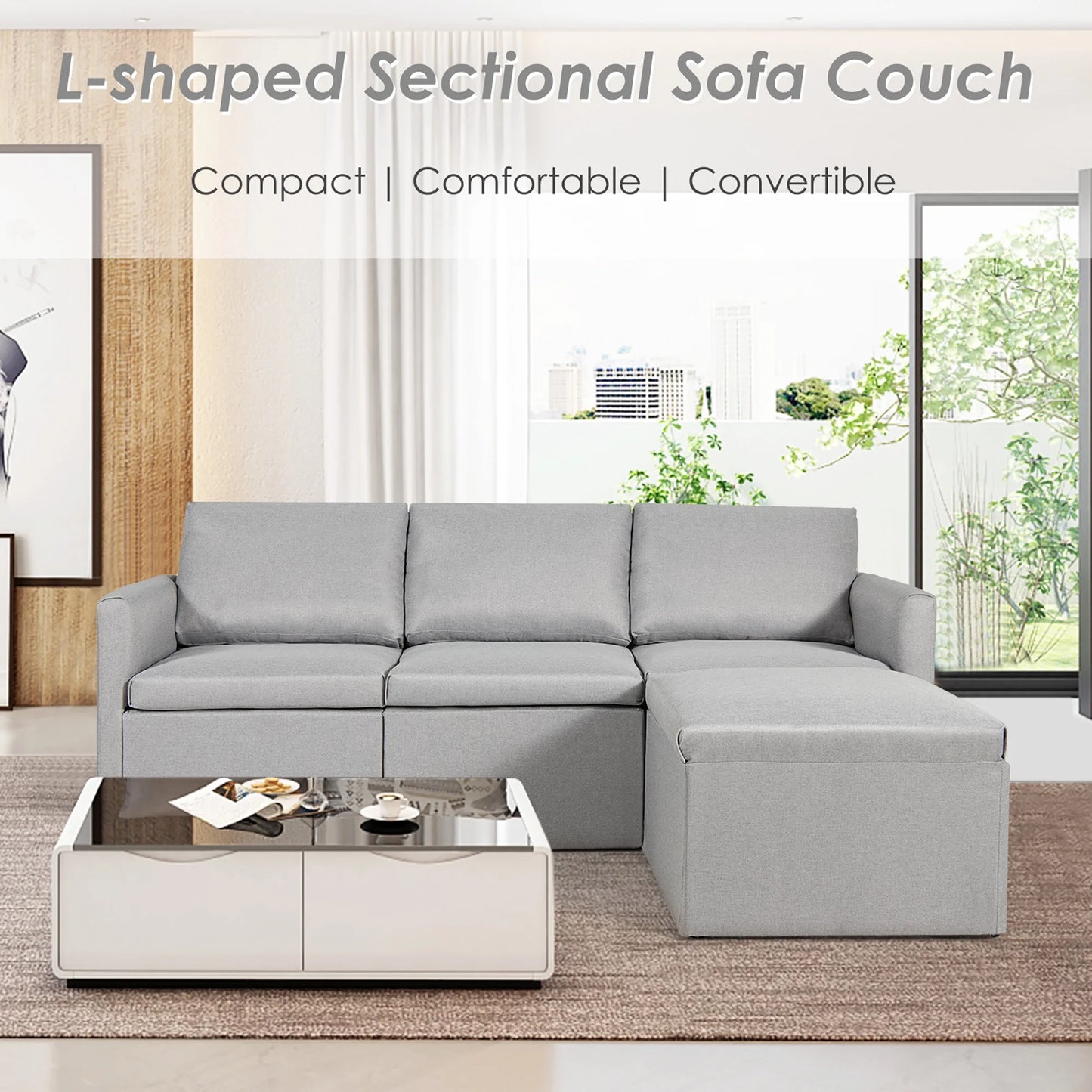 Convertible Sectional Sofa L-Shaped Couch W/Reversible Chaise Light Grey