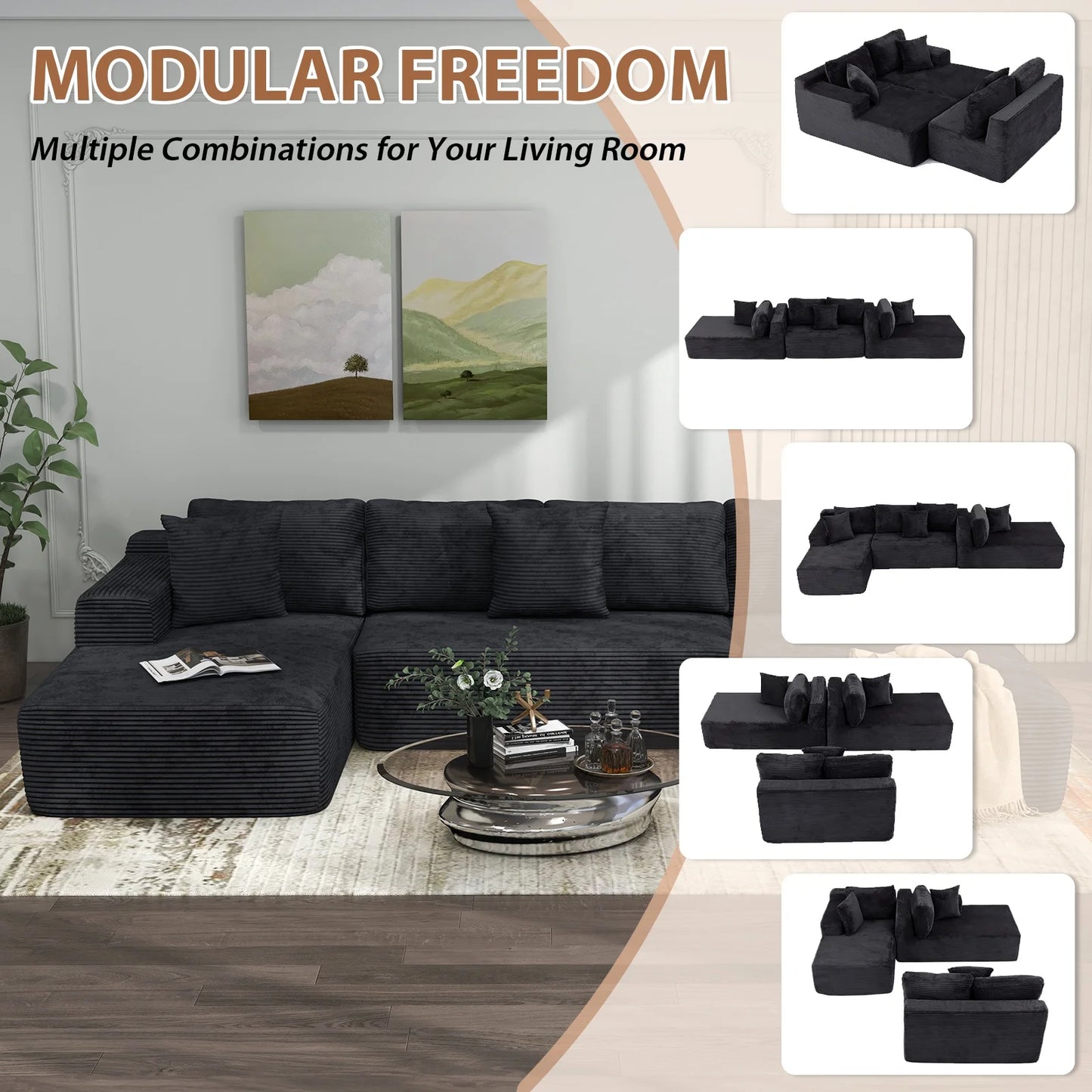 Indoor Modular Sectional Sofa, 132'' Corduroy Cloud Couch with Double Chaise, U Shaped Sofas with Deep Seat, Comfy Fluffy Plush Couches, No Assembly Required, Black