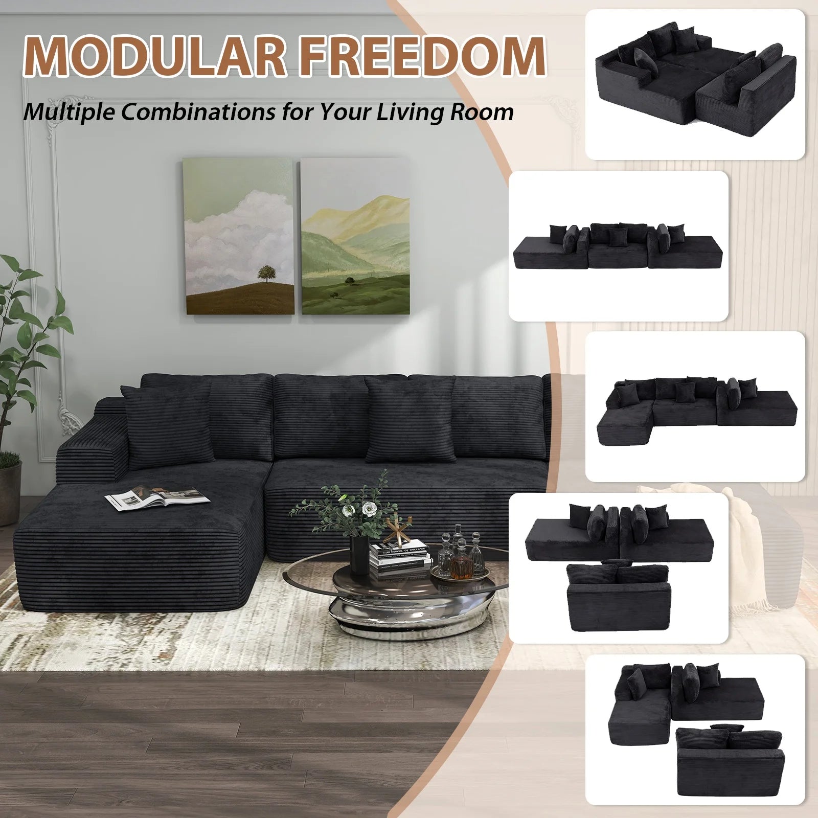 Indoor Modular Sectional Sofa, 132'' Corduroy Cloud Couch with Double Chaise, U Shaped Sofas with Deep Seat, Comfy Fluffy Plush Couches, No Assembly Required, Black