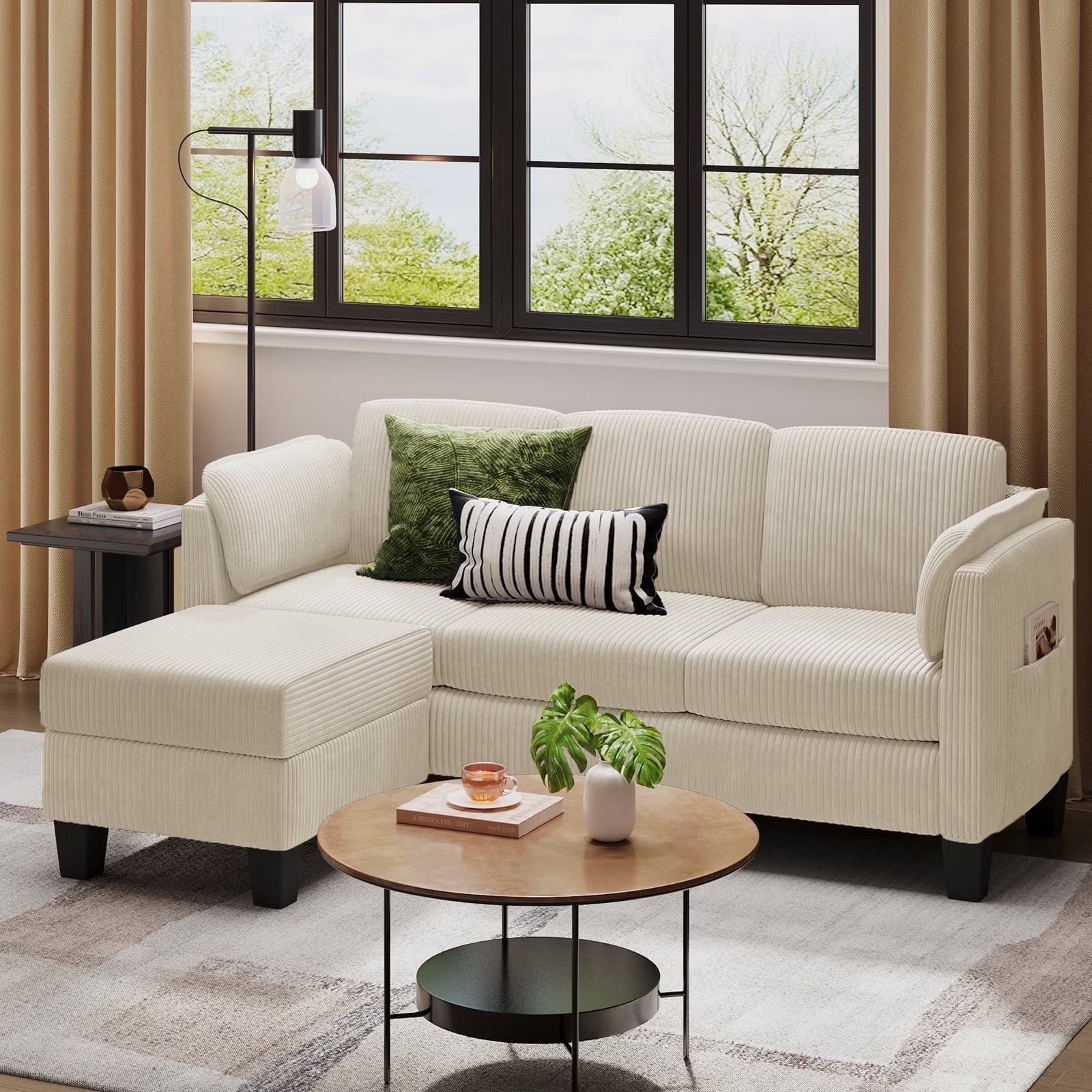 Corduroy Sectional Sofa Couches for Living Room, L-Shaped Modular Small Couch Convertible 3 Seater Sofa with Ottaman Storage,Beige