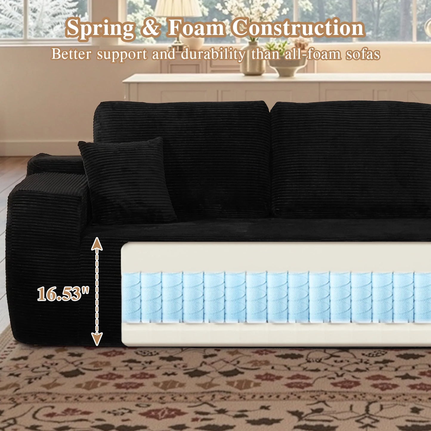106" U-Shaped Sectional Sofa with Ottoman Modern Modular Cloud Couch with Deep Seating Upholstered Sofa for Living Room Bedroom, No Assembly Required, Black(Corduroy)