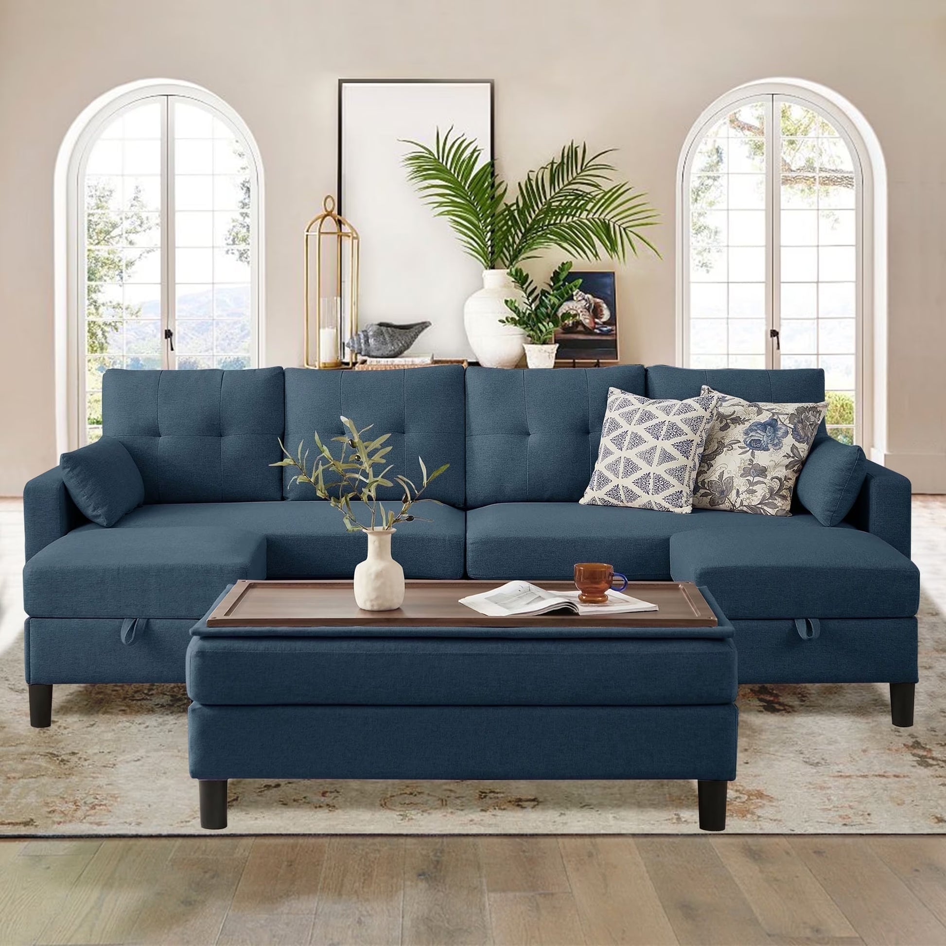 101" Sectional Sofa with 3 Storage Ottoman,4 Seat U Shaped Couch with Side Pockets, Modern Linen Sofa Bed with Coffee Table Ottoman for Living Room Apartment Office Studio,Tool Free Assemble