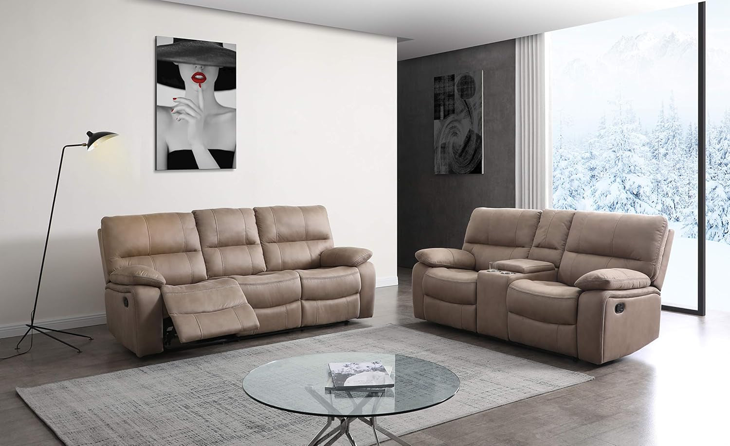 Microfiber Reclining Sofa Couch Set Living Room Set 8007 (Taupe, Sofa+Loveseat)