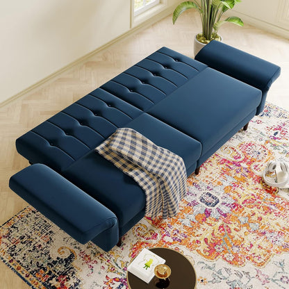 Velvet Convertible Futon Sofa Bed Memory Foam Futon Couch Sleeper Sofa Blue