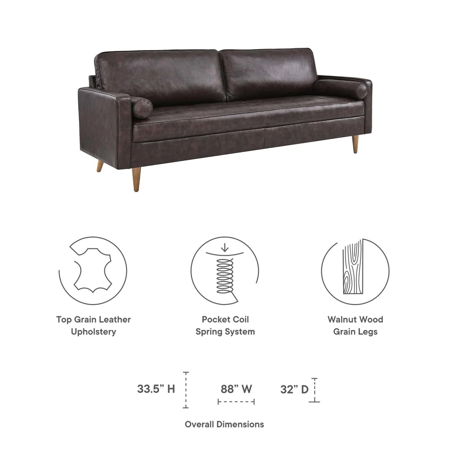 Valour 88" Leather Sofa in Brown