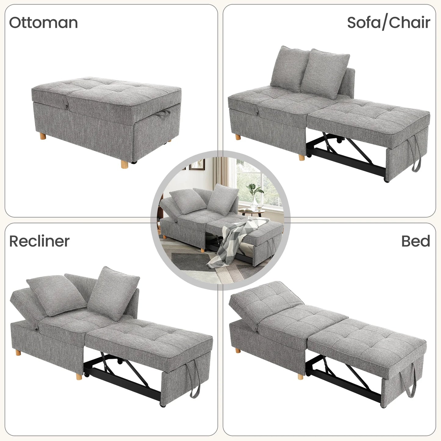 4-In-1 Convertible Sofa Chair Bed, Linen Sleeper Chair for Small Space, Futon Sofa Bed with 5 Adjustable Backrest, Single Small Couch for Living Room Bedroom Apartment, Gray