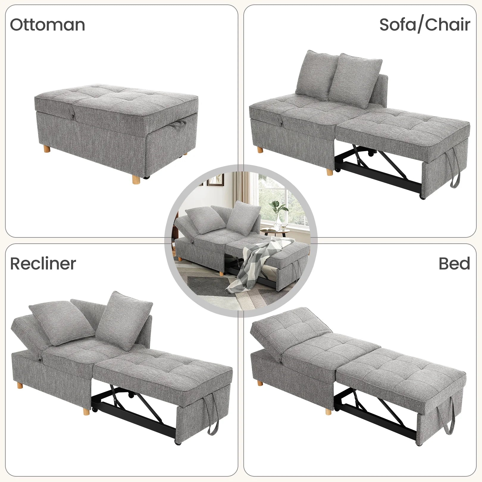 4-In-1 Convertible Sofa Chair Bed, Linen Sleeper Chair for Small Space, Futon Sofa Bed with 5 Adjustable Backrest, Single Small Couch for Living Room Bedroom Apartment, Gray