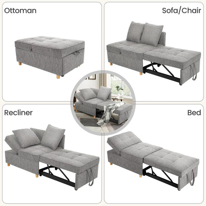 4-In-1 Convertible Sofa Chair Bed, Linen Sleeper Chair for Small Space, Futon Sofa Bed with 5 Adjustable Backrest, Single Small Couch for Living Room Bedroom Apartment, Gray