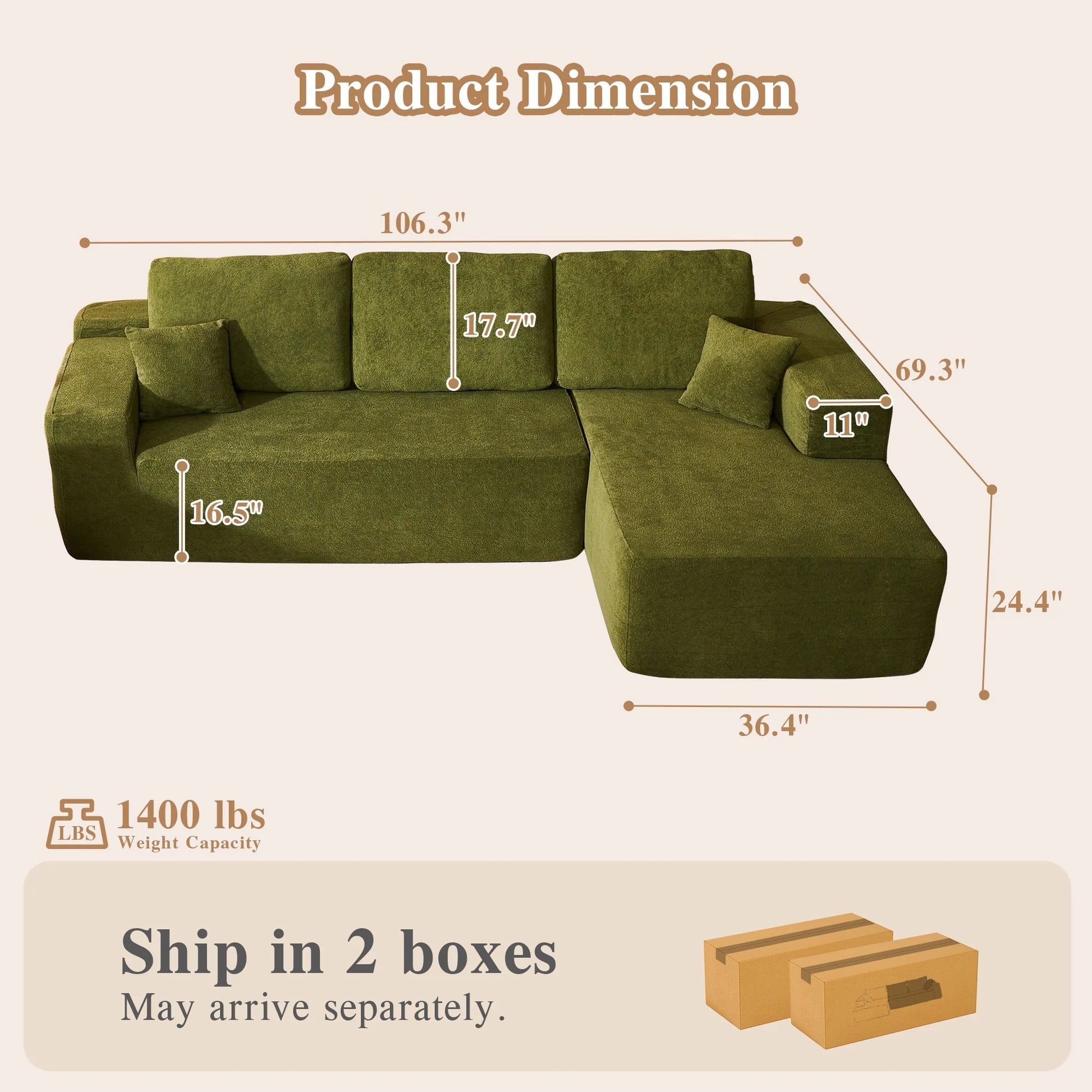 106" L-Shaped Sectional Sofa Modern Modular Cloud Couch with Deep Seating Upholstered Sofa for Living Room Bedroom, No Assembly Required, Green(Sherpa)