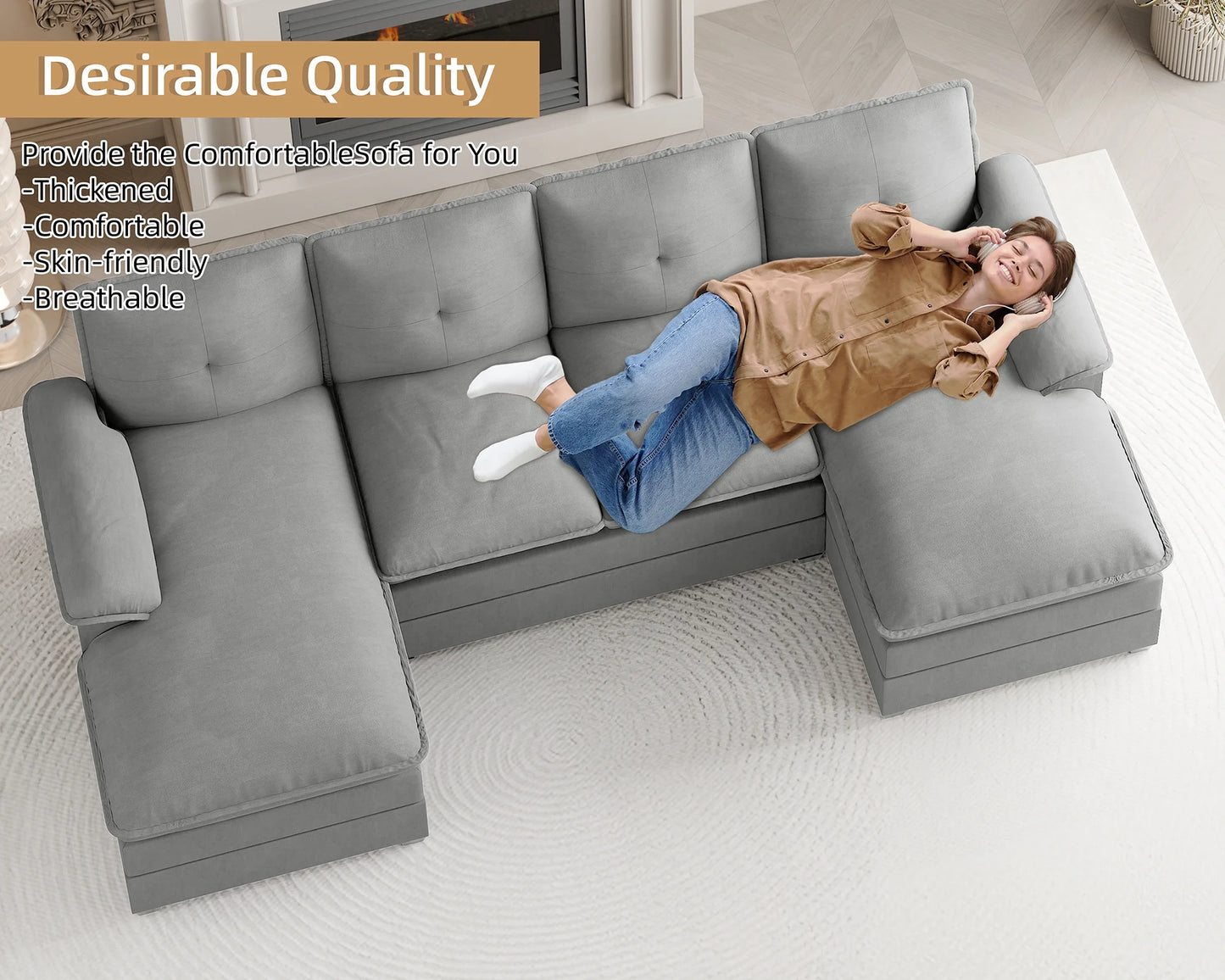 Sectional Sofa Couches Set Oversized U Shaped Sleeper Bed Couch with Double Chaise 4-Seat Cloud Couch for Living Room Home Apartment Light Gray