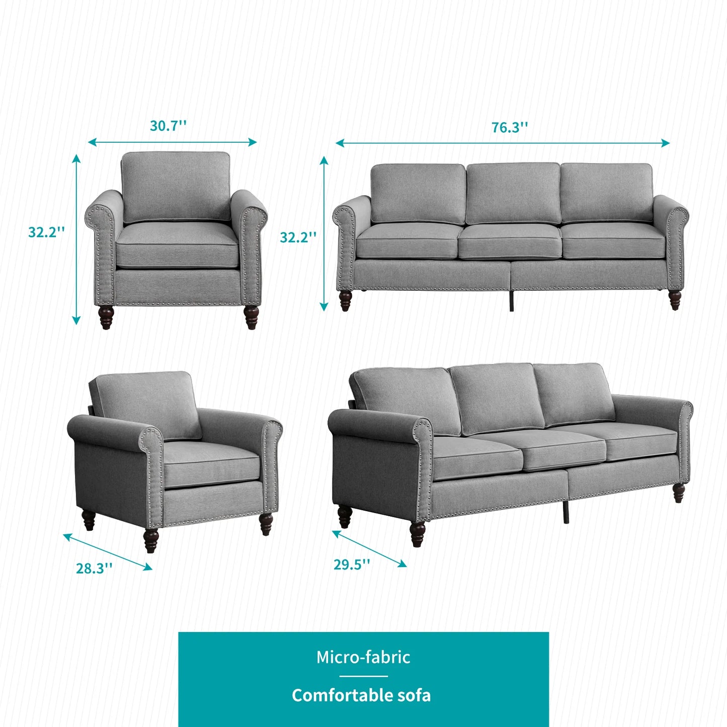 Living Room Furniture Sets with 5.9"Upholstered Cushion, 3-Seater Sectional Sofa Couch and Single Sofa Chair,Sofa Set for Living Room(Light Grey)