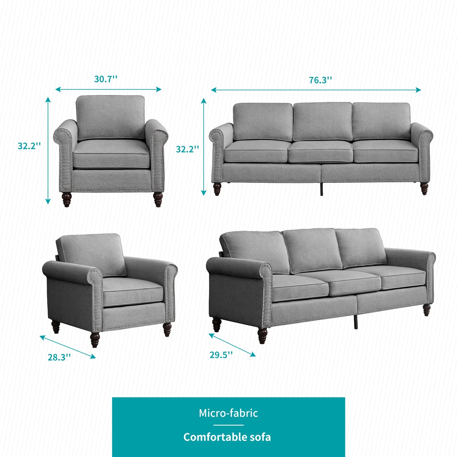 Living Room Furniture Sets with 5.9"Upholstered Cushion, 3-Seater Sectional Sofa Couch and Single Sofa Chair,Sofa Set for Living Room(Light Grey)