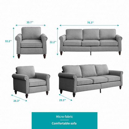 Living Room Furniture Sets with 5.9"Upholstered Cushion, 3-Seater Sectional Sofa Couch and Single Sofa Chair,Sofa Set for Living Room(Light Grey)