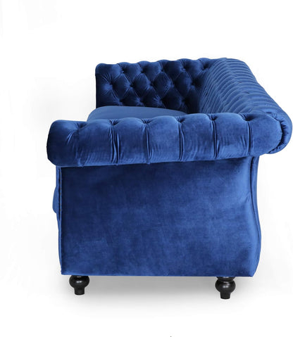 Great Deal Furniture  Chesterfield Tufted Jewel Toned Velvet Sofa with Scroll Arms, Navy Blue